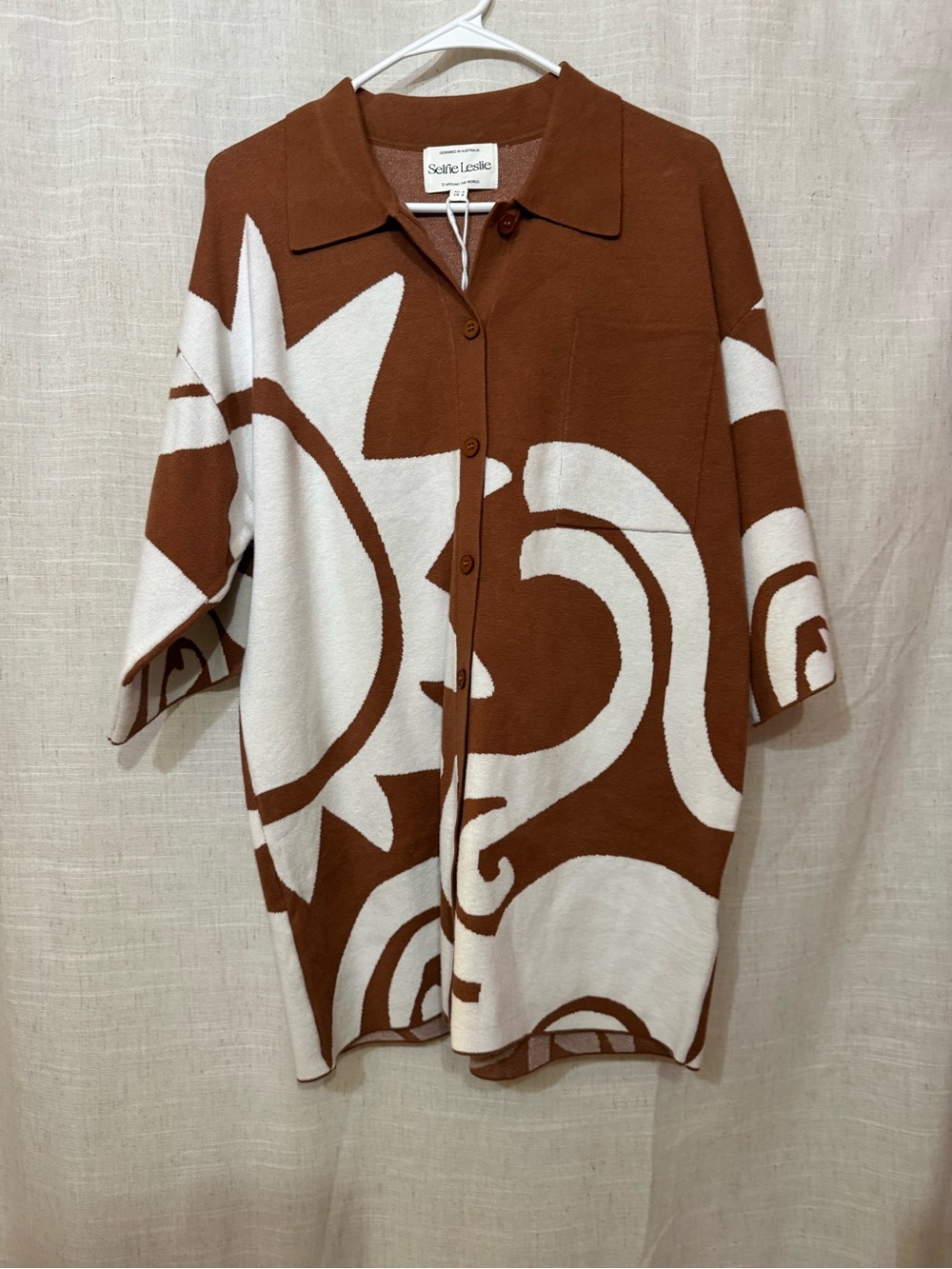Brown and White Patterned Button-Up Shirt or dress